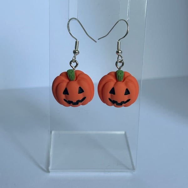 Orange clay pumpkin drop down earrings