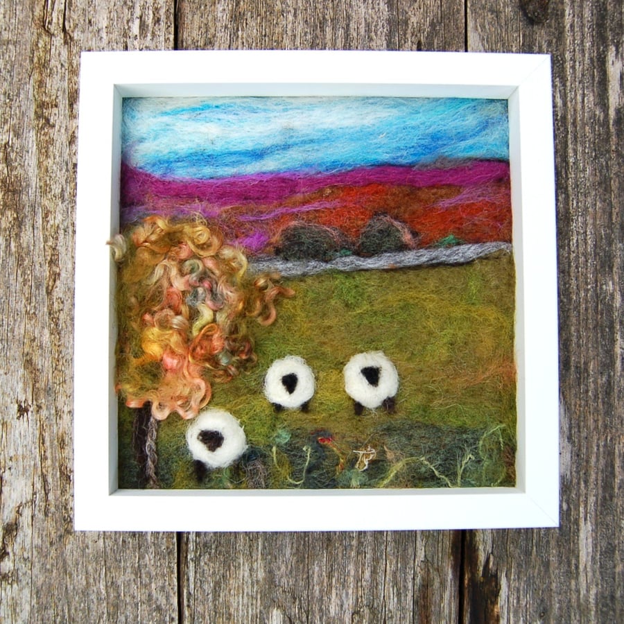Needle felted and hand embroidered wool picture - Highland Cow
