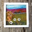 Wool Landscape with sheep.  Needle felted and hand embroidered wool picture - 