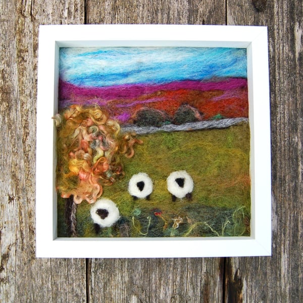 Wool Landscape with sheep.  Needle felted and hand embroidered wool picture - 