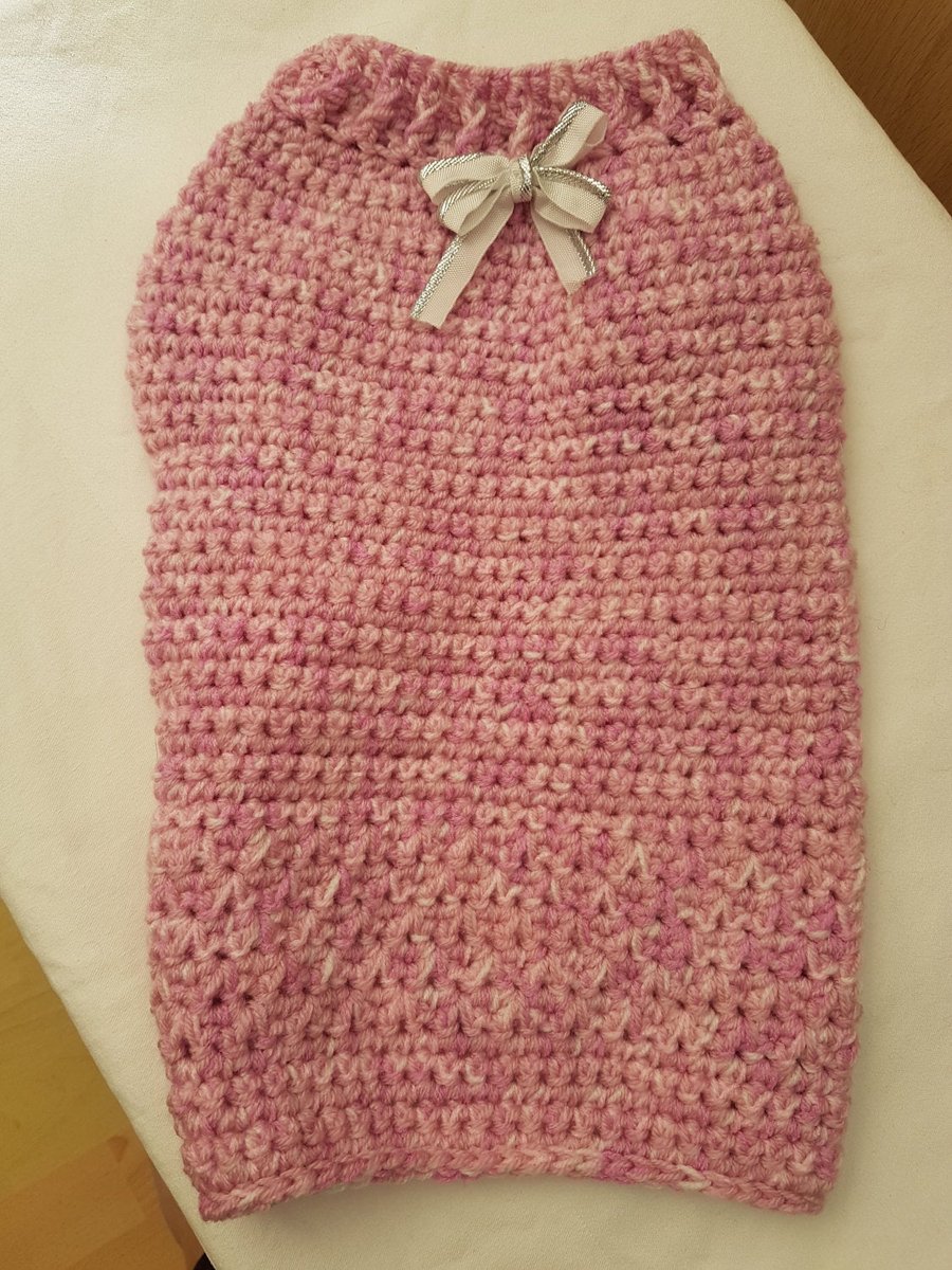 Pink and white dog sweater dog coat with white and silver ribbon bow