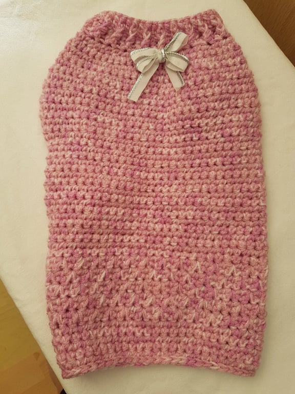 Pink and white dog sweater dog coat with white and silver ribbon bow