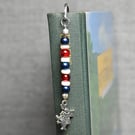 Patterned Metal Bookmark with Glass and Shell Beads and March Hare Charm