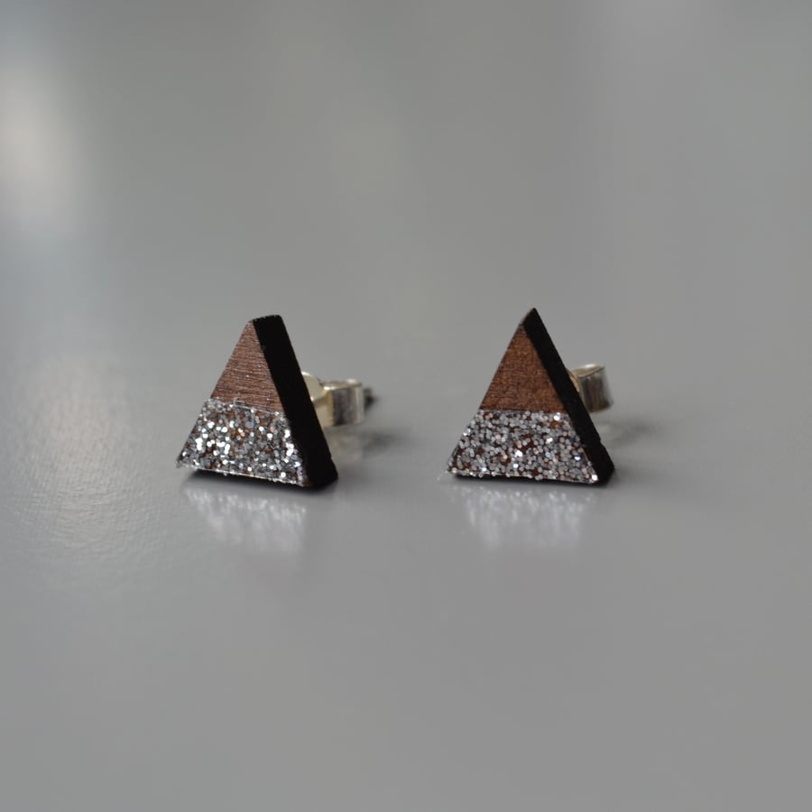 Wooden Triangle Ear Studs with Silver Glitter Stripe