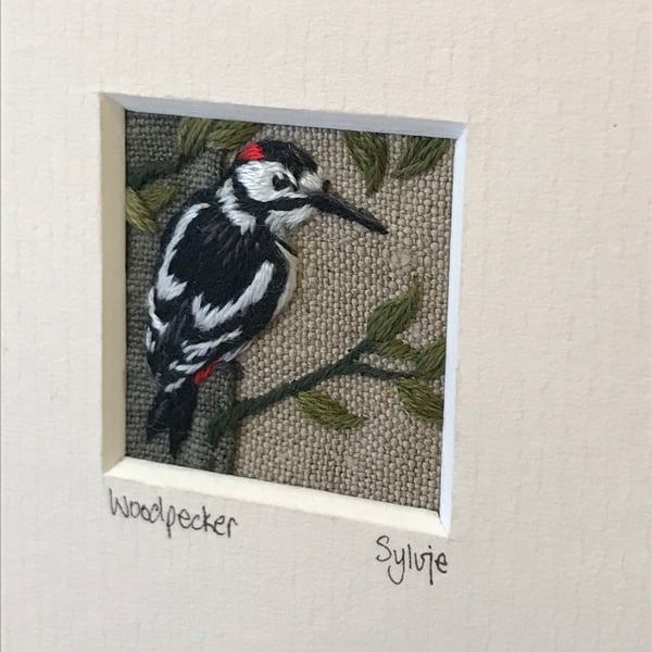 Woodpecker - hand embroidered picture 