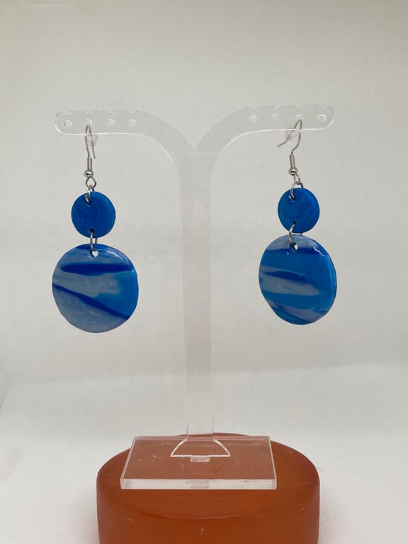 Blue Marble Clay Dangle Earrings: Handmade Polymer Clay 