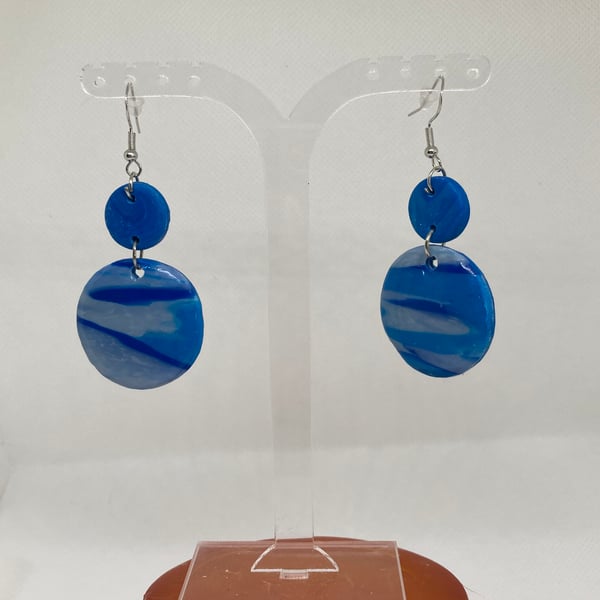 Blue Marble Clay Dangle Earrings: Handmade Polymer Clay 