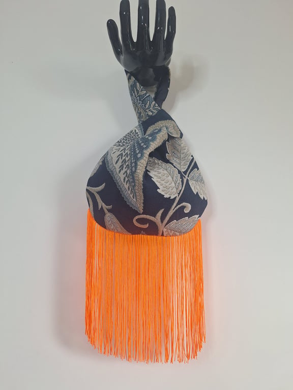 Navy Botanical Jacquard woven fabric Japanese Knot bag with 18cm bright orange  