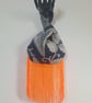 Navy Botanical Jacquard woven fabric Japanese Knot bag with 18cm bright orange  