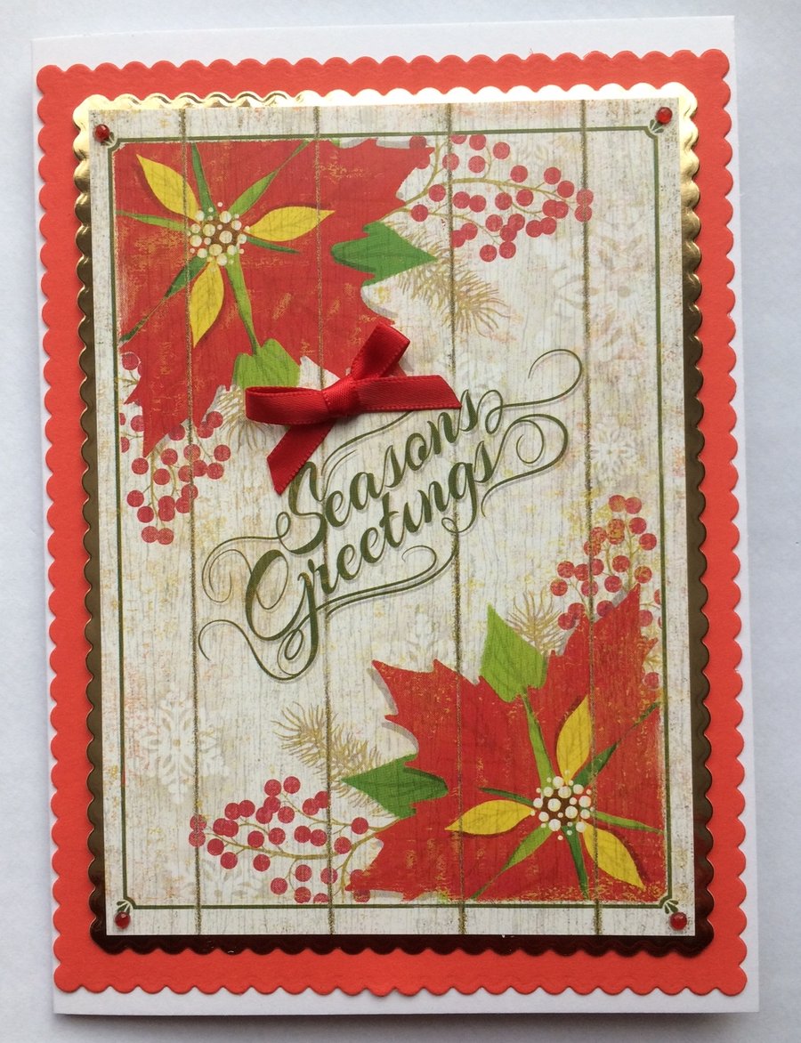 Handmade Christmas Card Red Vintage Season's Greetings Poinsettias