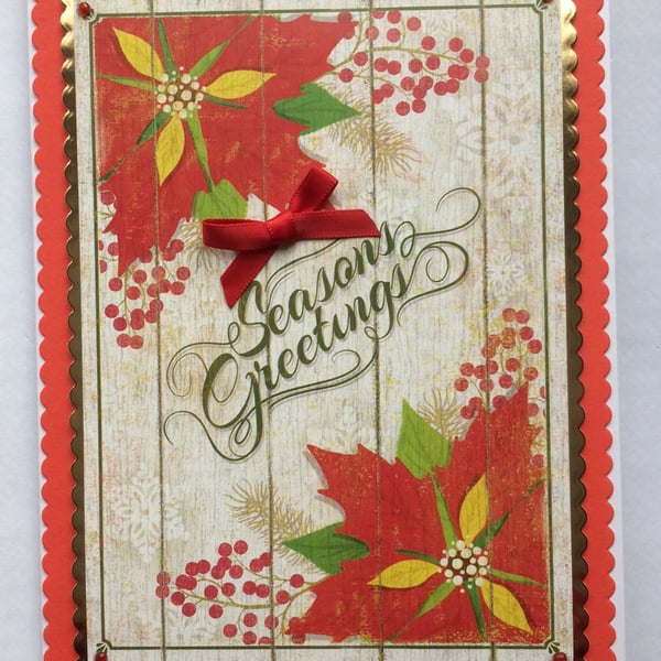 Handmade Christmas Card Red Vintage Season's Greetings Poinsettias