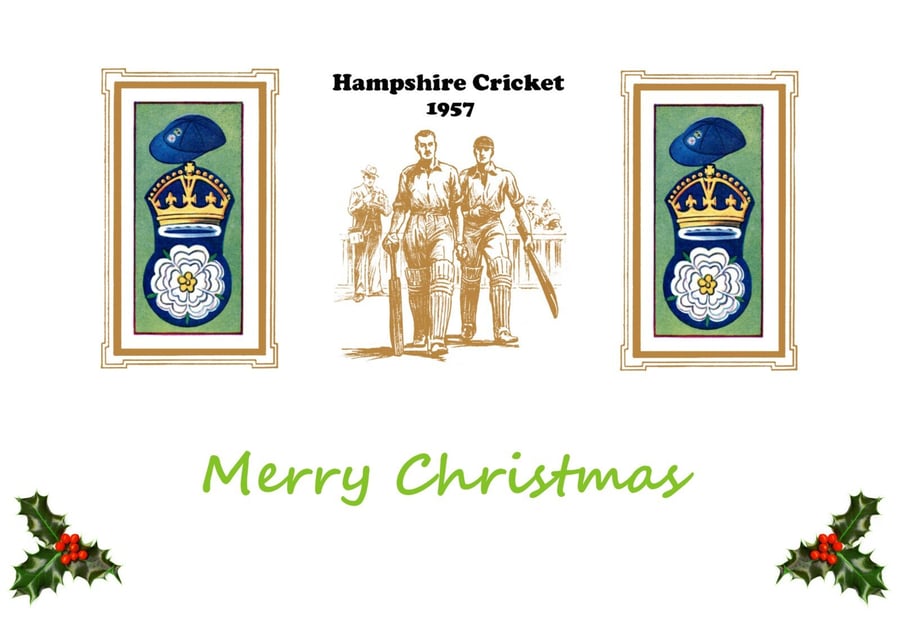 Christmas card cricket vintage 1957 Hampshire Hants badge design.FREE UK P&P