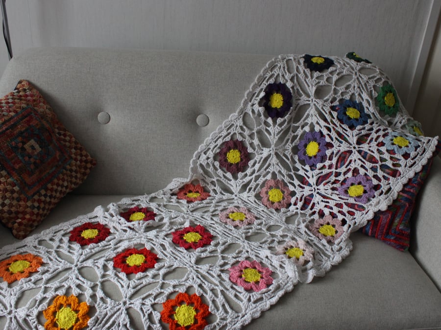 Crochet cotton throw blanket in white and multi-colours - one-of-a-kind
