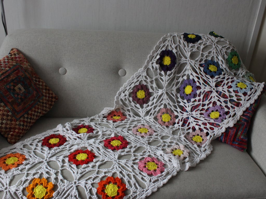 Crochet cotton throw blanket in white and multi-colours - one-of-a-kind