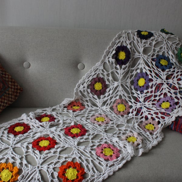 Crochet cotton throw blanket in white and multi-colours - one-of-a-kind