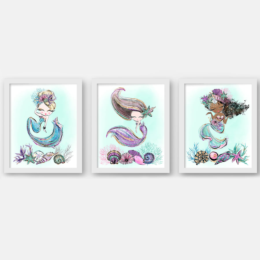Mermaid nursery prints, mermaid girls room wall decor, mermaid gift