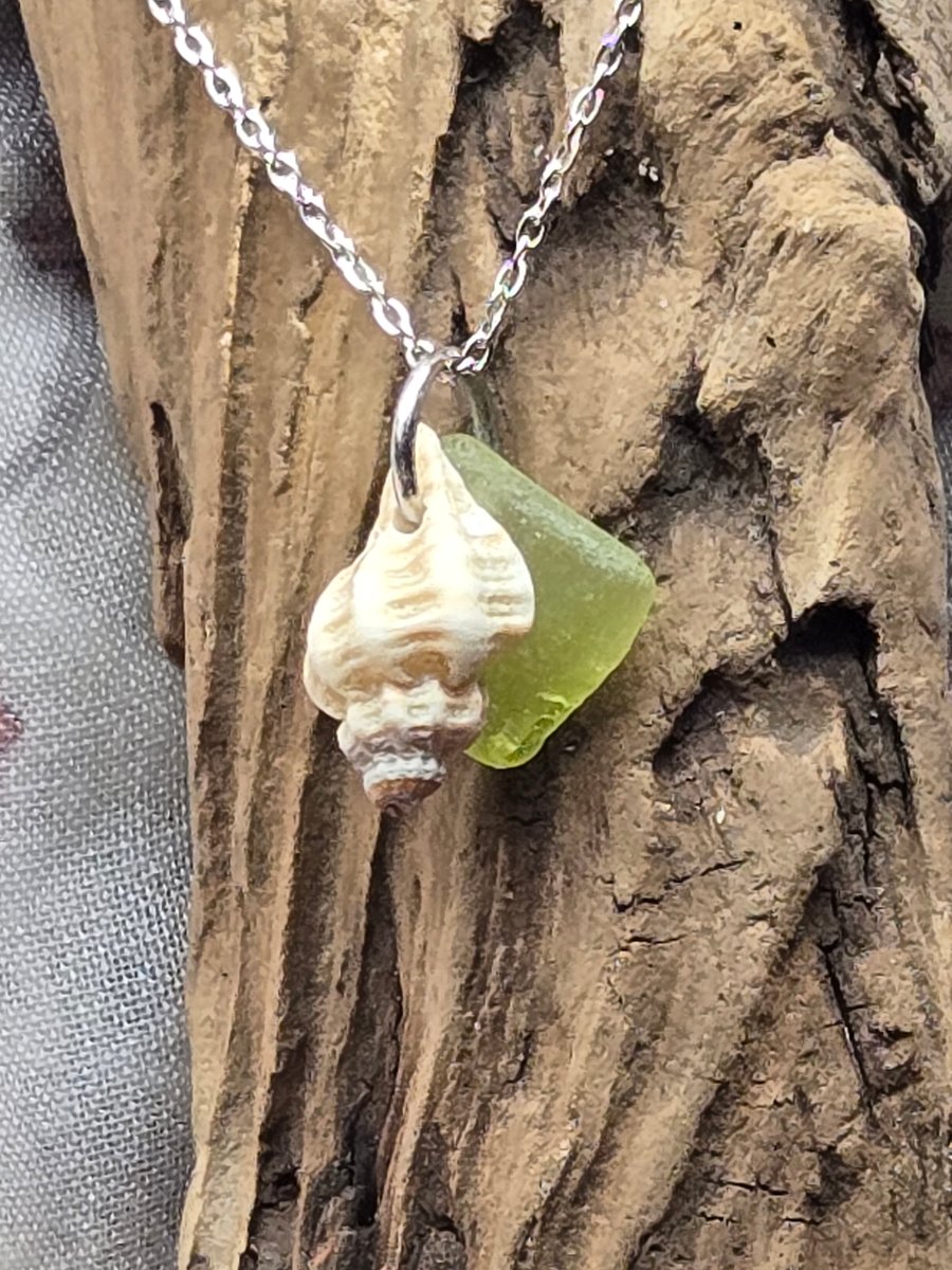 Shell and sea glass necklace, light green sea glass necklace, shell necklace