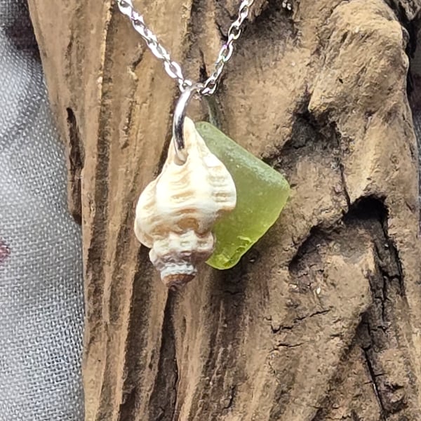 Shell and sea glass necklace, light green sea glass necklace, shell necklace
