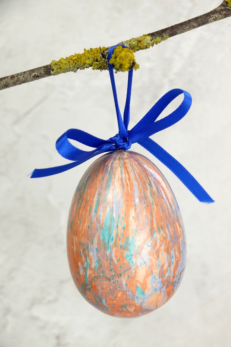Ceramic pottery hanging decoration copper teal marbled Easter egg 