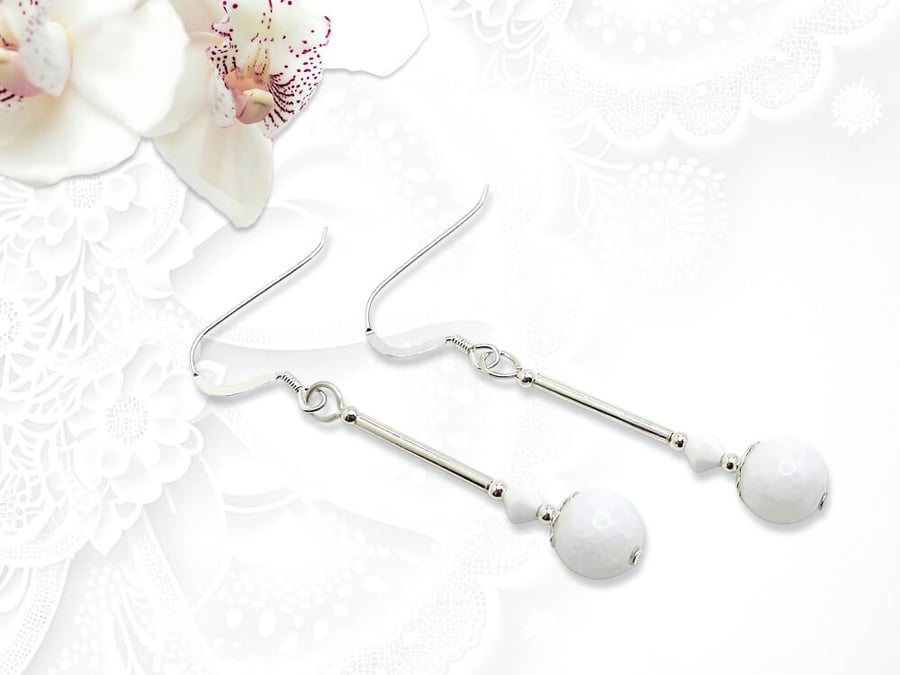 Bright White Agate Long Earrings With Sterling Silver Tubes & White Crystals
