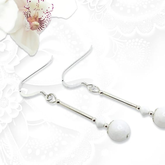 Bright White Agate Long Earrings With Sterling Silver Tubes & White Crystals
