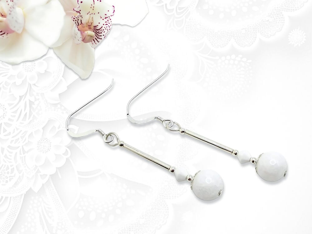 Bright White Agate Long Earrings With Sterling Silver Tubes & White Crystals