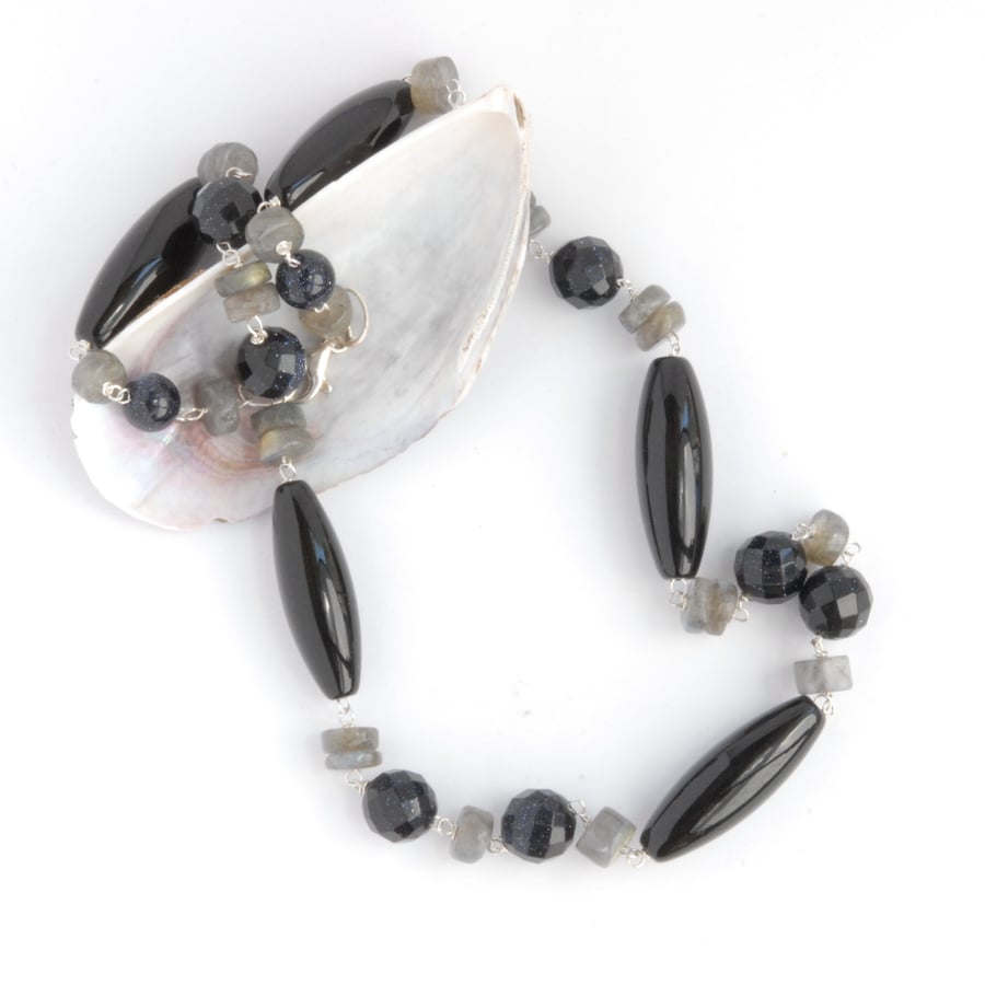 SALE - Onyx, labradorite and navy goldstone chunky beaded necklace