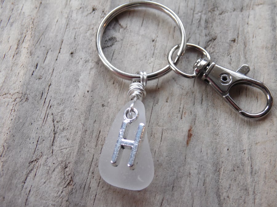 Initial 'H' White Cornish Sea Glass Bag Charm Keyring K623