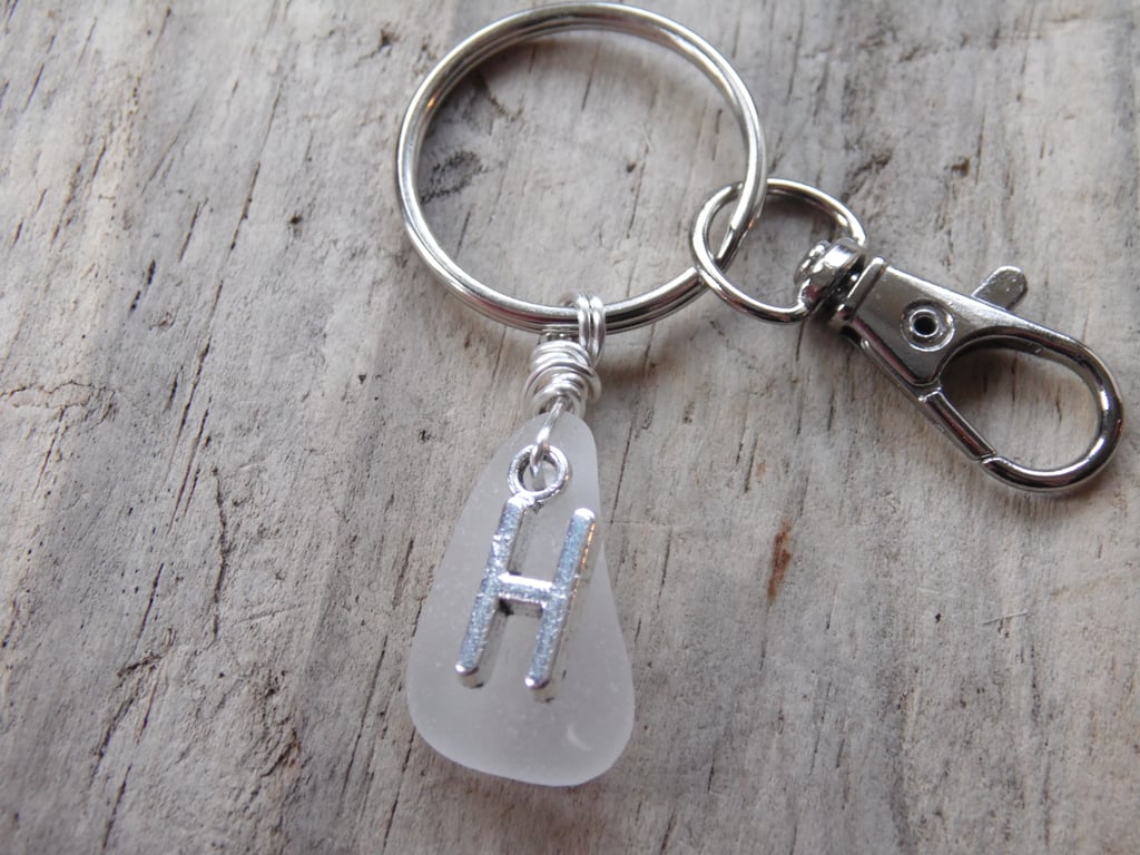 Initial 'H' White Cornish Sea Glass Bag Charm Keyring K623