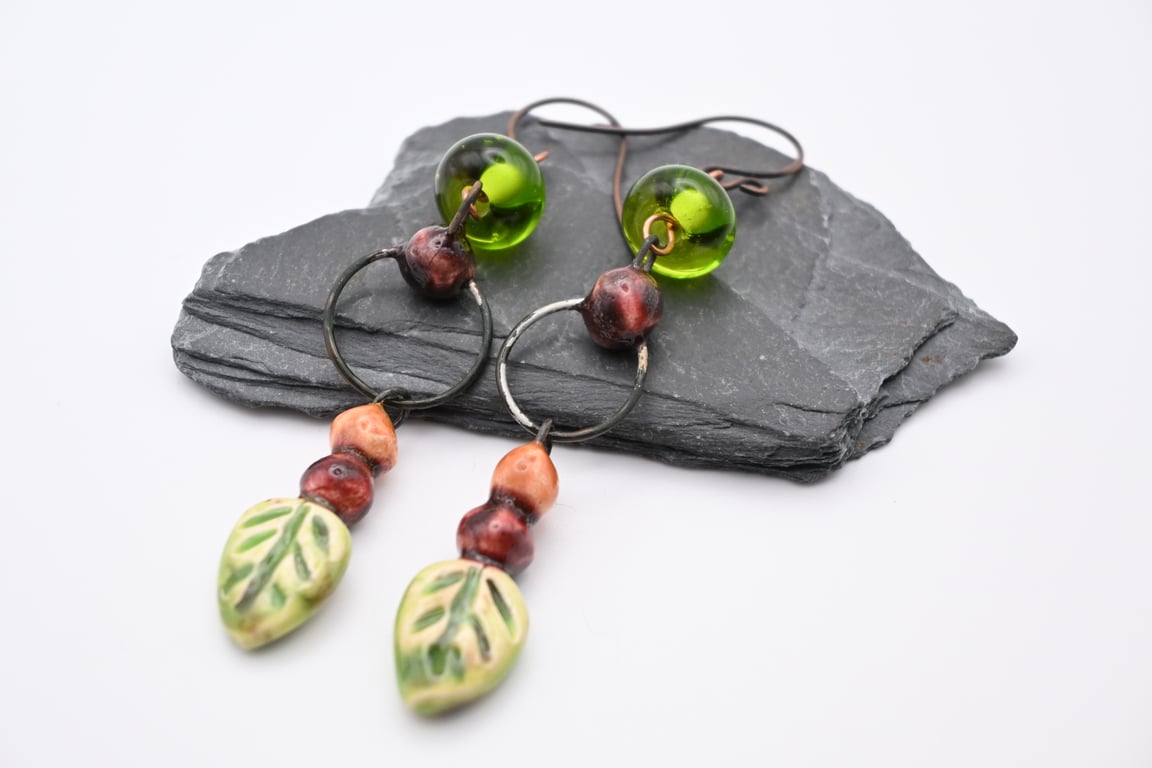 copper, green lampwork glass and ceramic earrings