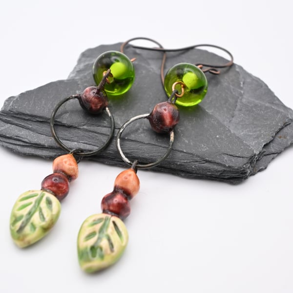 copper, green lampwork glass and ceramic earrings