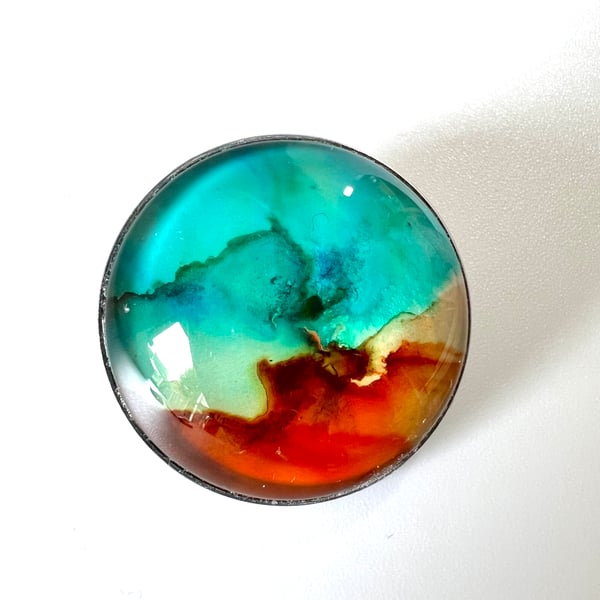 Turquoise & Brown Glass Cabochon Brooch