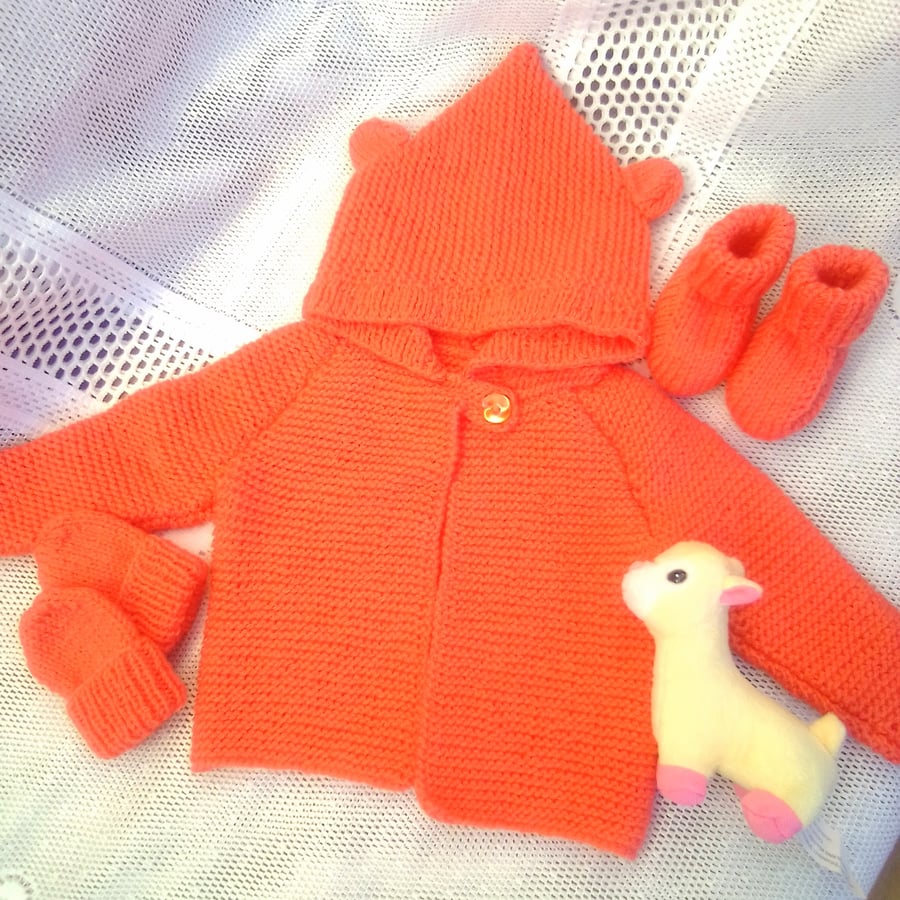 Baby's Hooded Coat With Teddy Bear Ears, Mittens and Booties Set, New Baby Gift