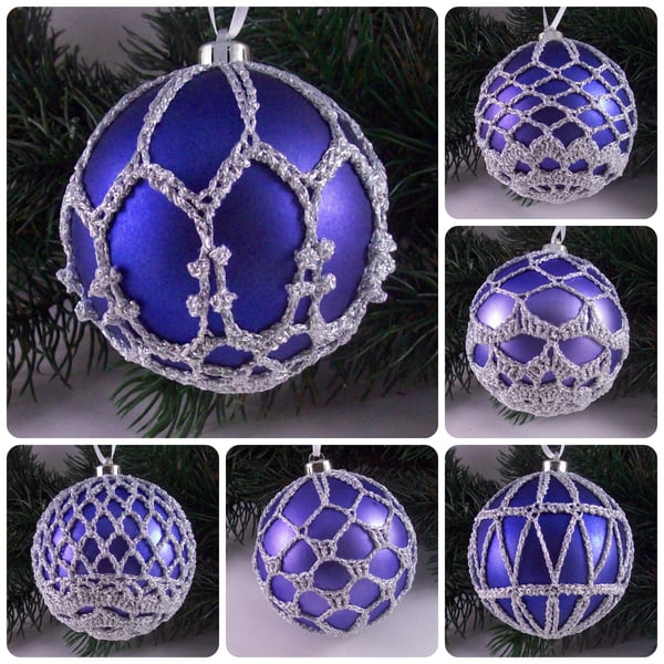 Christmas baubles boxed set of 6 large decorated with crochet lace (A17)