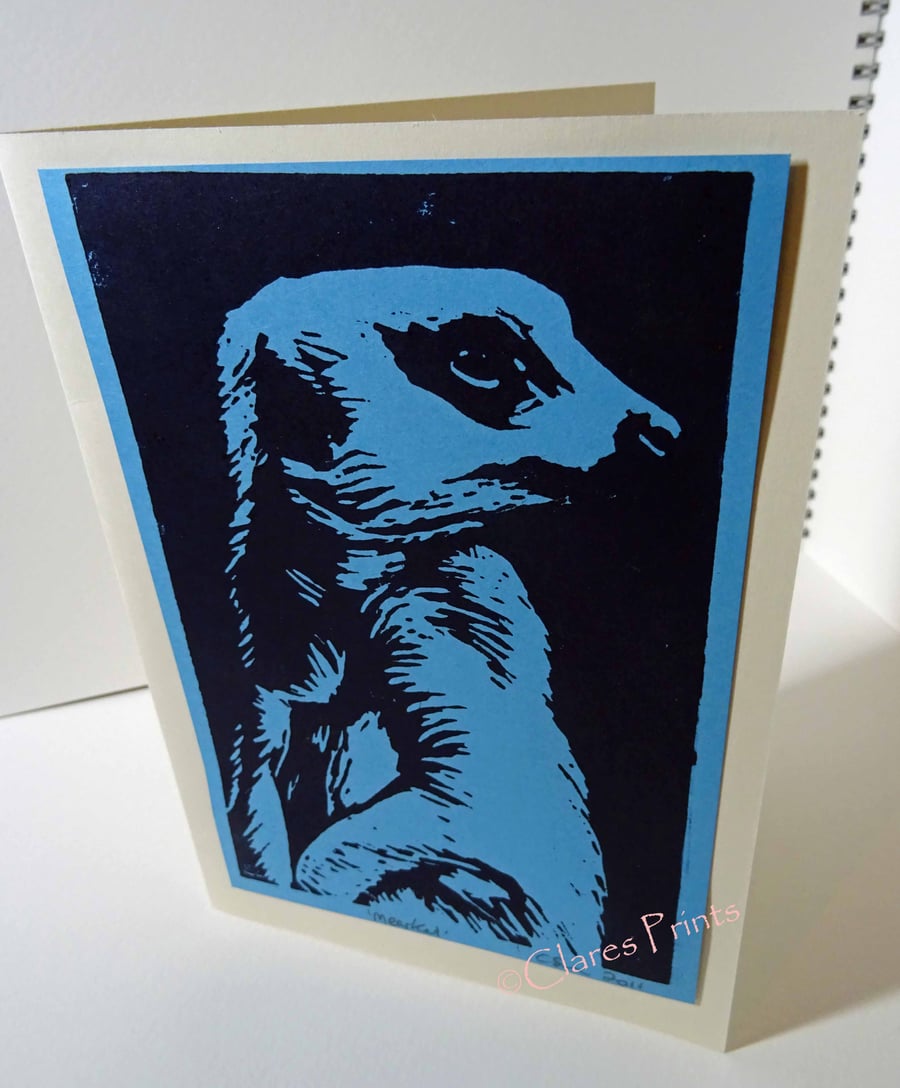 Meerkat Lino Print Blank Greeting Card Blue