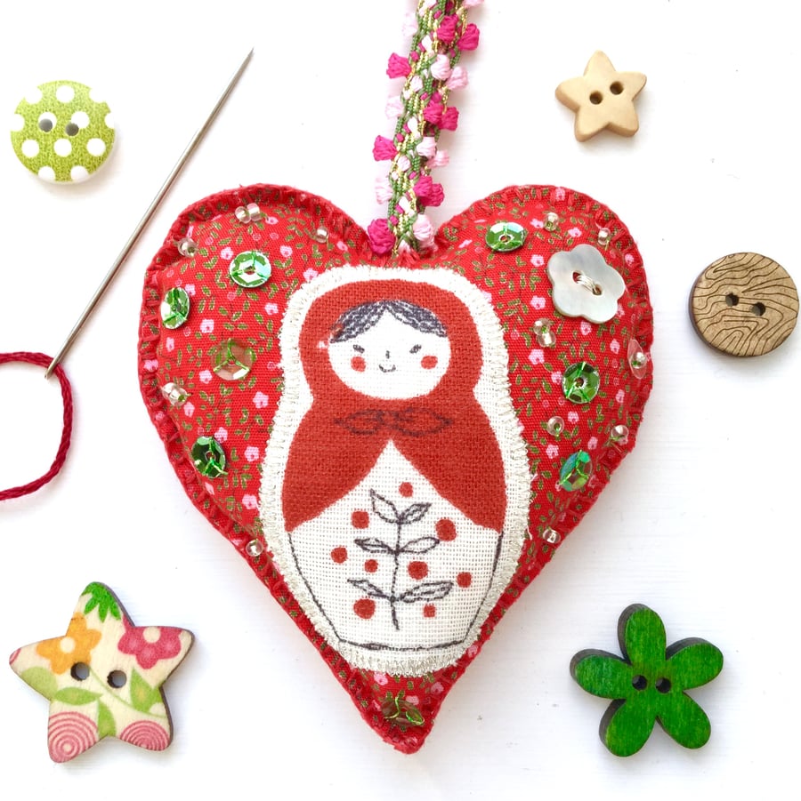 Russian Doll Hanging Heart Decoration. Boho Decor. Love Heart. Cute Decor