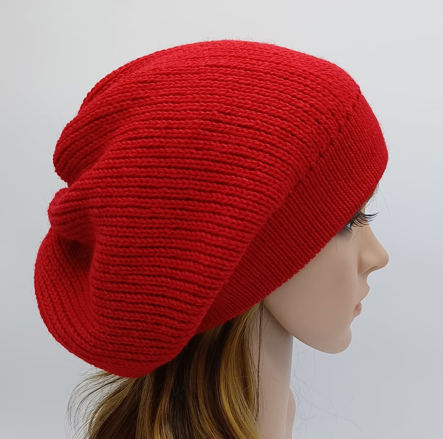 Handmade knitted red baggy beanie for women, alpaca blend tam, slouch beret