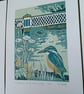 'Kingfishers at the old gas bridge' - linoprint - Image 6