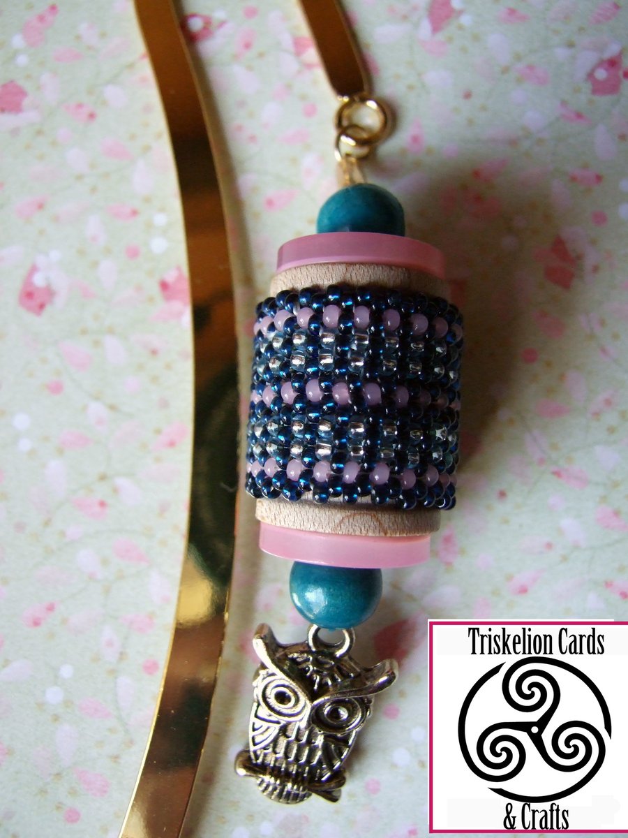 Gold Plated Owl Charm with Beaded Bobbin on Gold Plated Curved Metal Bookmark