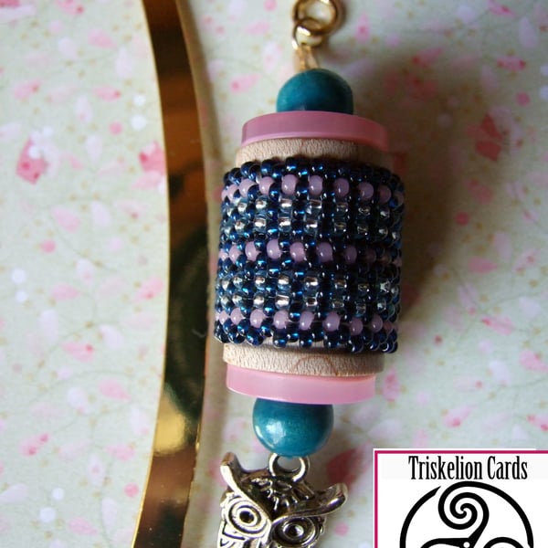 Gold Plated Owl Charm with Beaded Bobbin on Gold Plated Curved Metal Bookmark