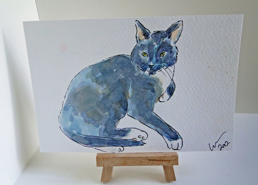 OSWOA Cat Relax Original Watercolour & Ink Painting 4x6 OOAK 