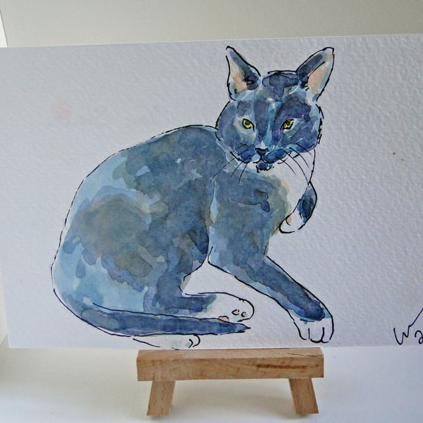 OSWOA Cat Relax Original Watercolour & Ink Painting 4x6 OOAK 