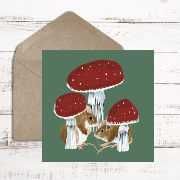 Mice toadstools woodlands blank card 