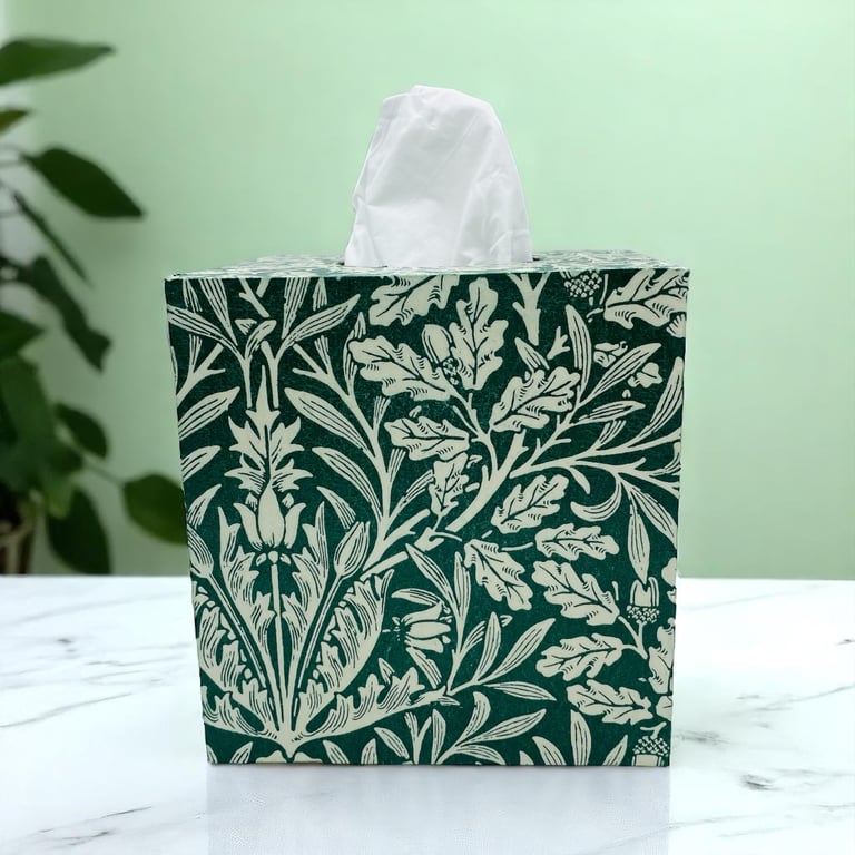 Tissue box cover, William Morris inspired design, Green Acorn, Wooden