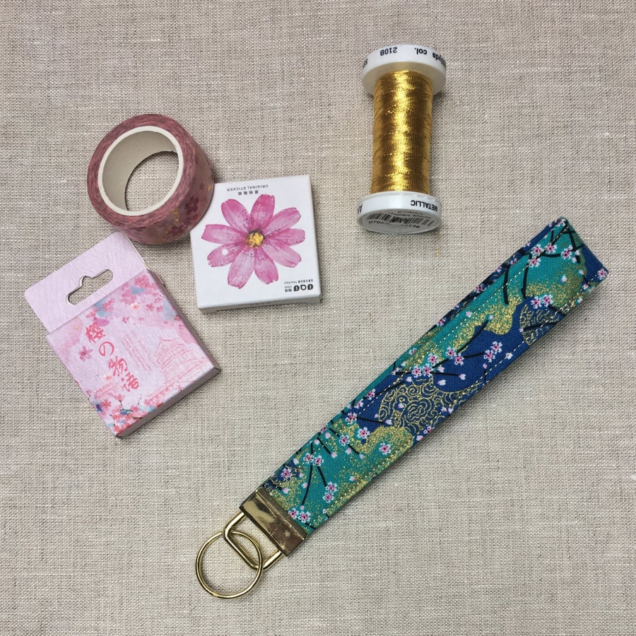 Turquoise Blossoms Japanese Fabric Key Fob