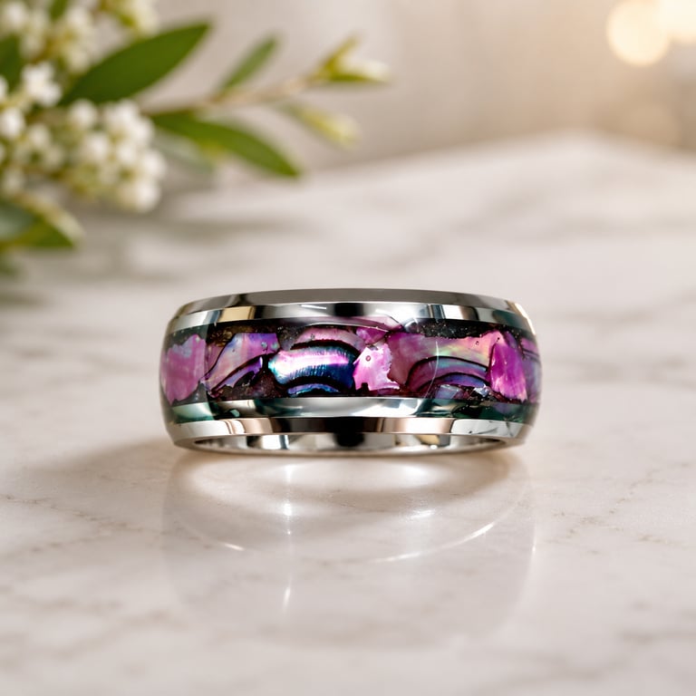 Abalone Pink Shell-Resin Inlay Tungsten Carbide Ring Size S