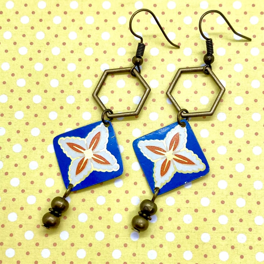 Recycled vintage tin blue flower square & hexagon beaded drop earrings