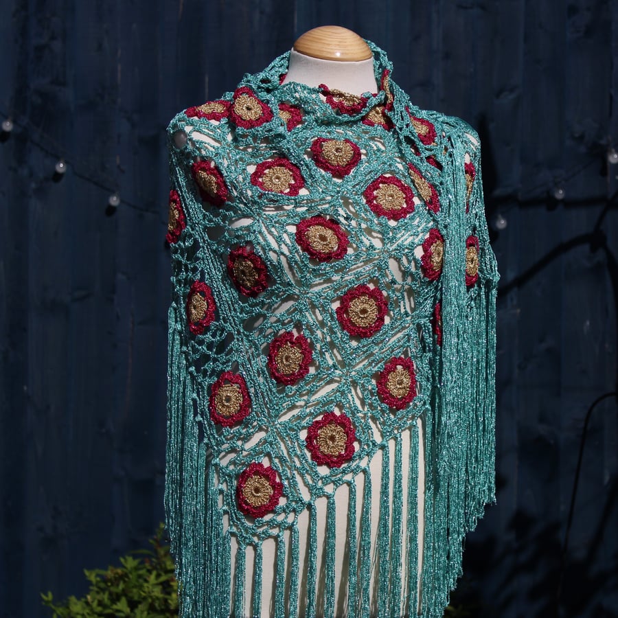 Crochet triangular shawl in sparkly gold, cerise & pale green - design LF433