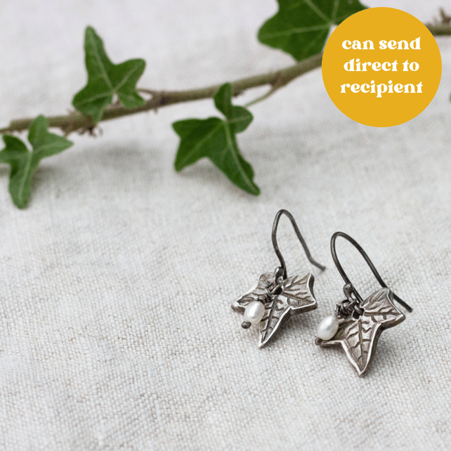 Silver & Pearl Ivy Earrings Oxidised, Eco silver Ivy leaf earrings, 