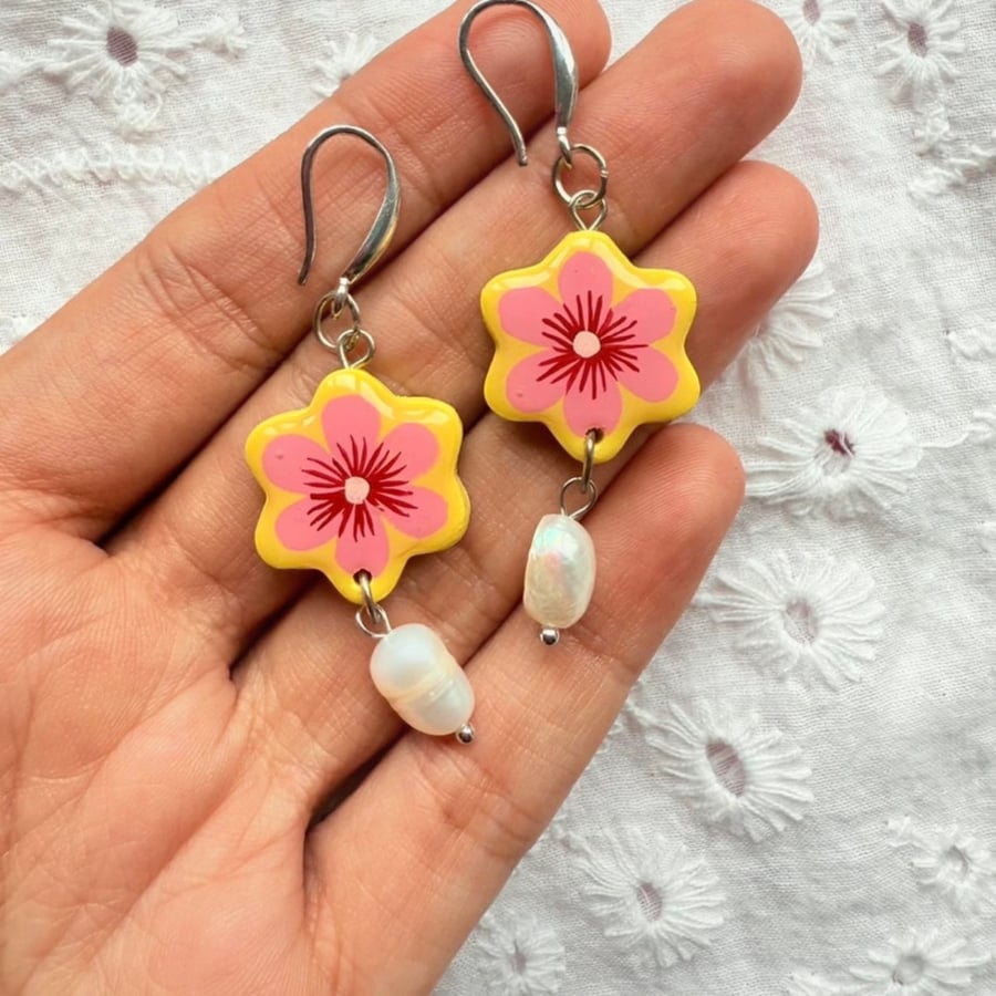 Pink and Yellow Flower Earrings with Pearls - Sterling Silver